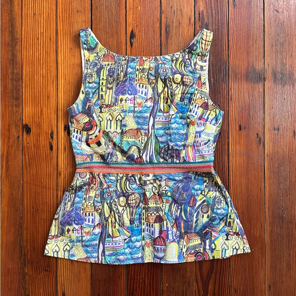 Weston sleeveless worldwide balloons & cityscapes sleeveless lined Shell top Sm